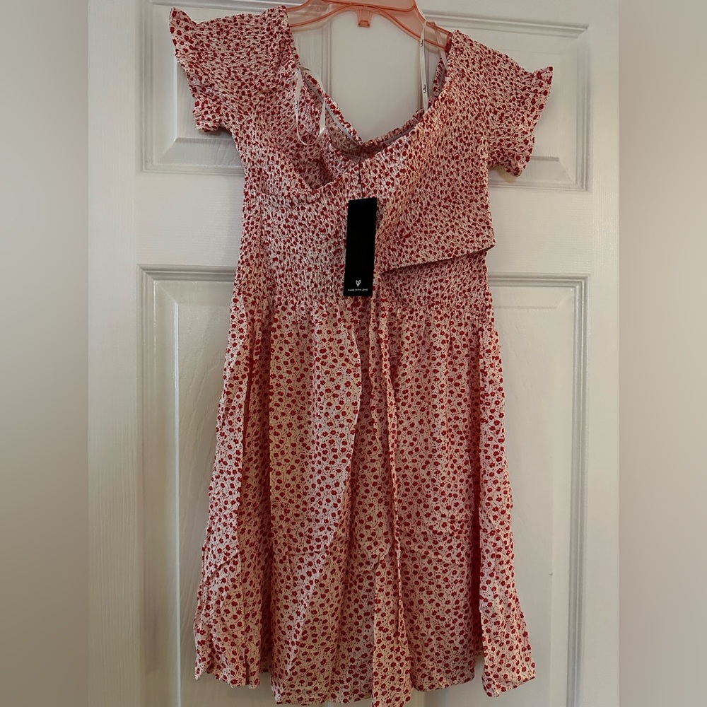 Lulu’s red and white floral off shoulder dress